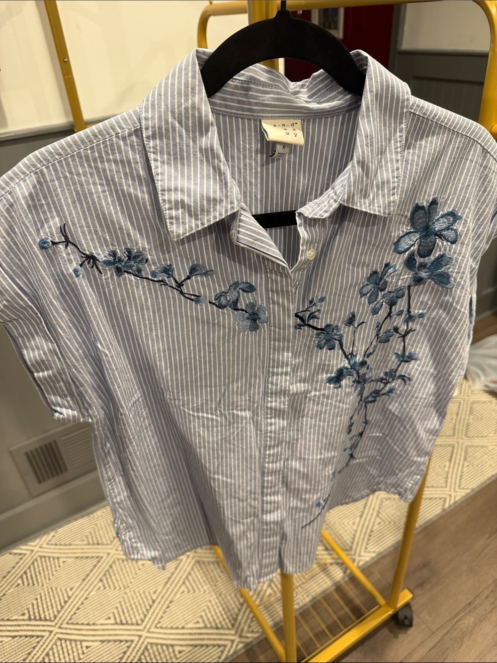 a new day Blue Striped Button-Down Shirt with Blue Floral Embroidery